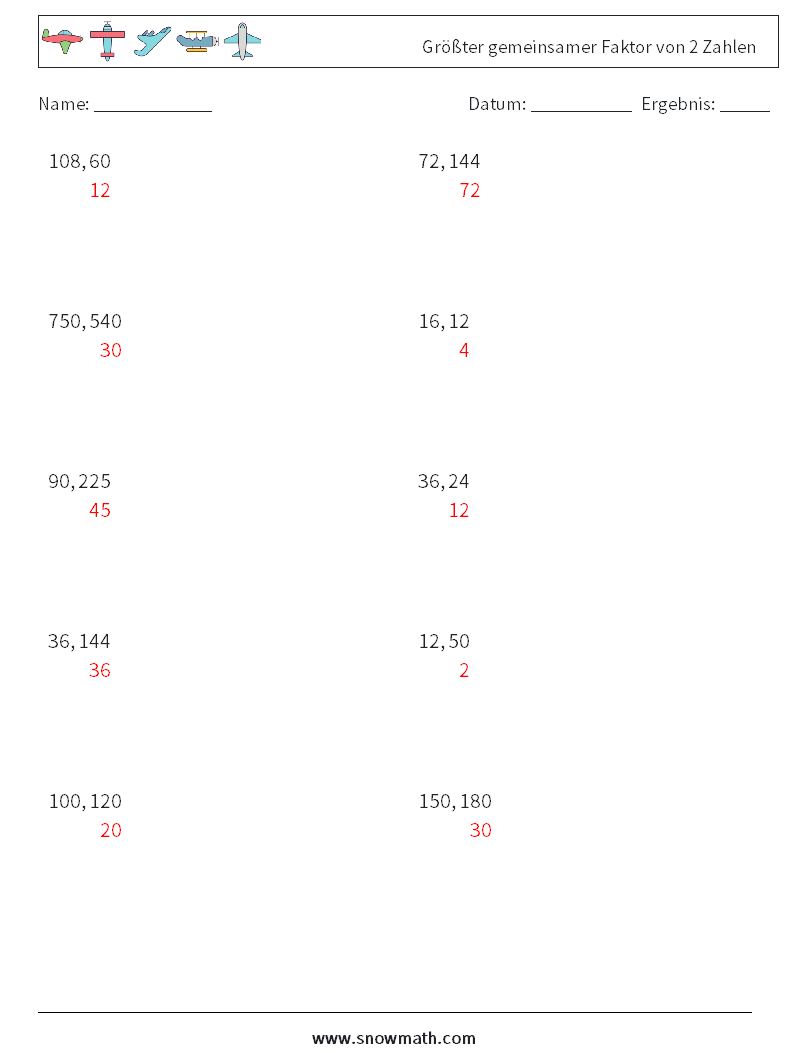 Größter gemeinsamer Faktor von 2 Zahlen Mathe-Arbeitsblätter 2 Frage, Antwort