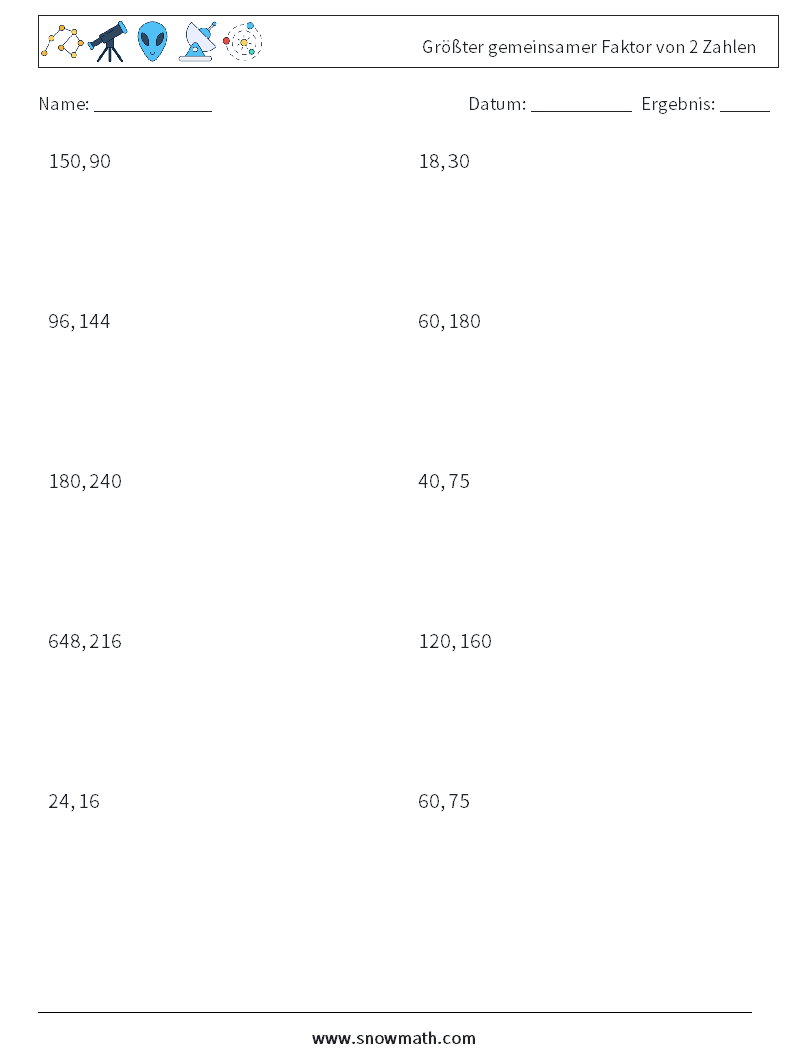 Größter gemeinsamer Faktor von 2 Zahlen Mathe-Arbeitsblätter 4