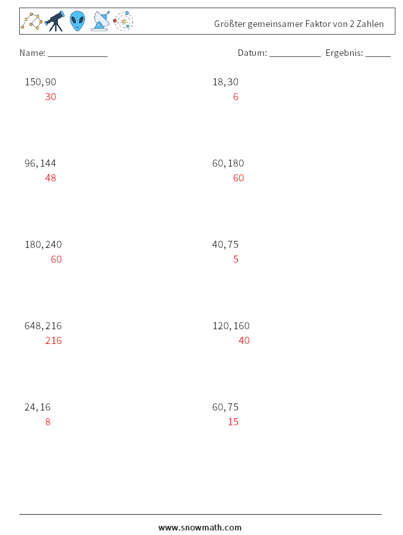 Größter gemeinsamer Faktor von 2 Zahlen Mathe-Arbeitsblätter 4 Frage, Antwort