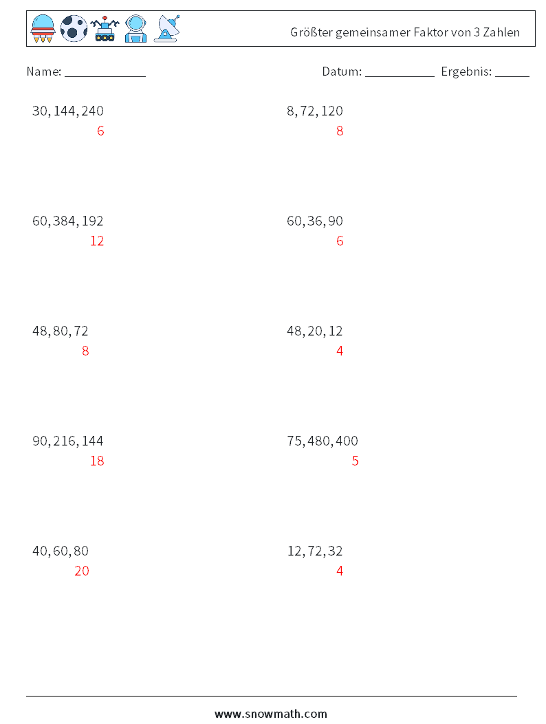 Größter gemeinsamer Faktor von 3 Zahlen Mathe-Arbeitsblätter 1 Frage, Antwort