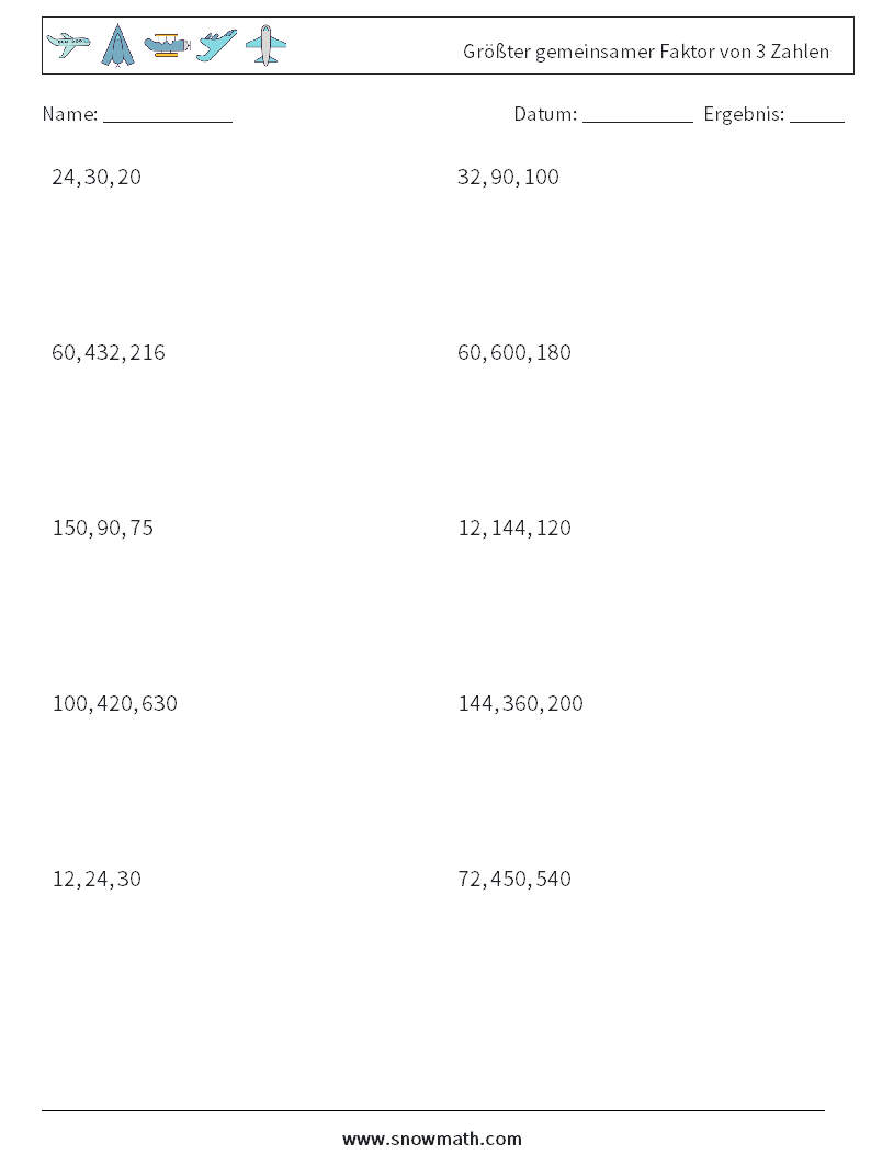 Größter gemeinsamer Faktor von 3 Zahlen Mathe-Arbeitsblätter 5