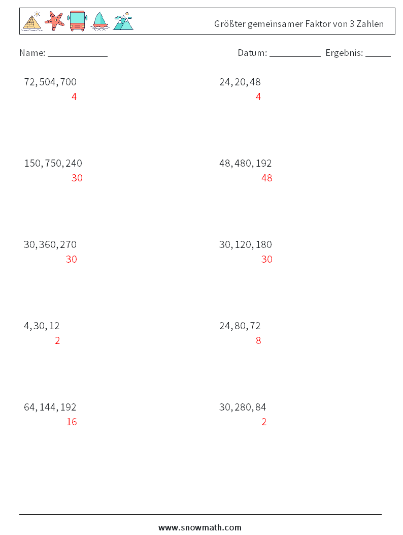 Größter gemeinsamer Faktor von 3 Zahlen Mathe-Arbeitsblätter 6 Frage, Antwort