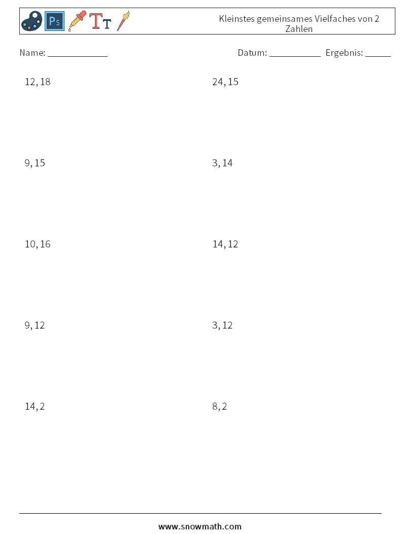 Kleinstes gemeinsames Vielfaches von 2 Zahlen Mathe-Arbeitsblätter 1