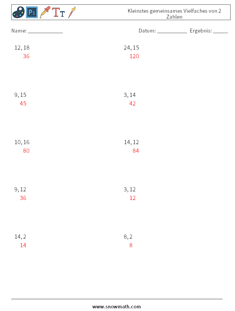 Kleinstes gemeinsames Vielfaches von 2 Zahlen Mathe-Arbeitsblätter 1 Frage, Antwort