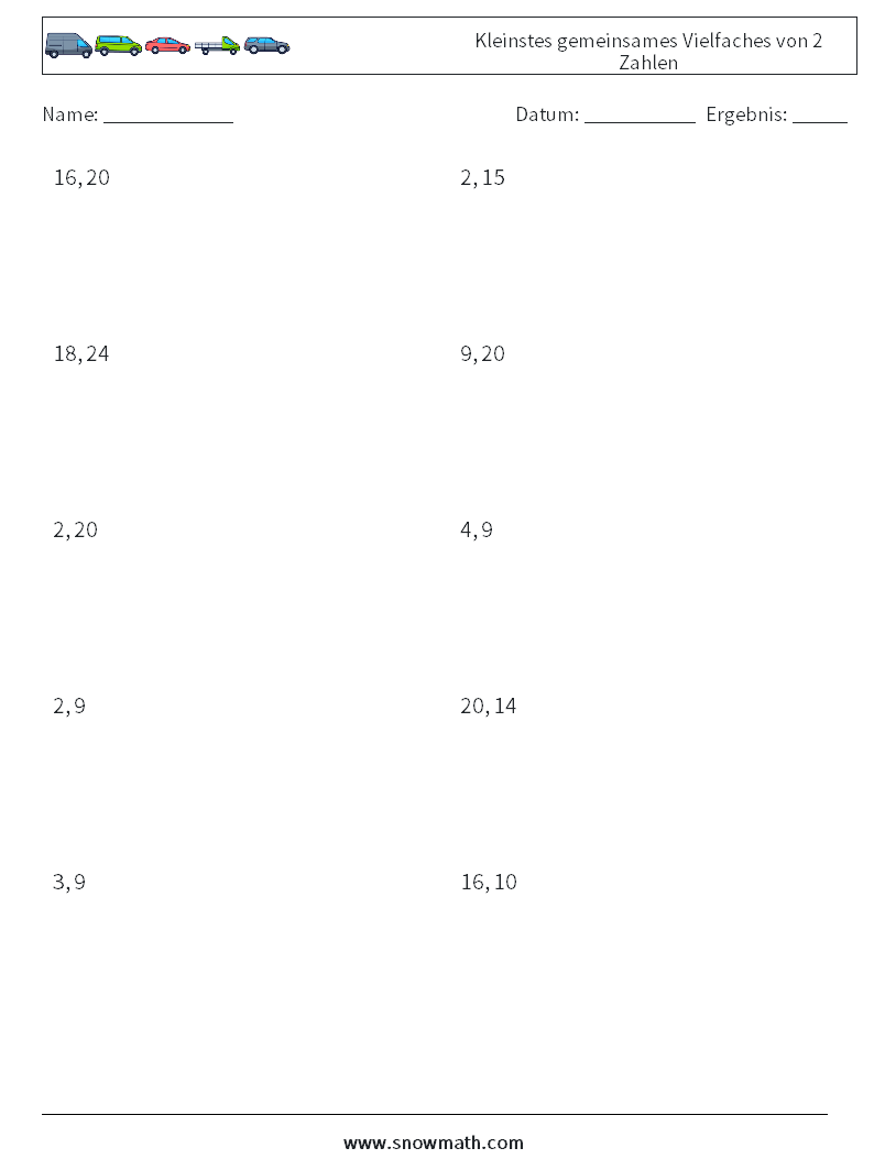 Kleinstes gemeinsames Vielfaches von 2 Zahlen Mathe-Arbeitsblätter 2