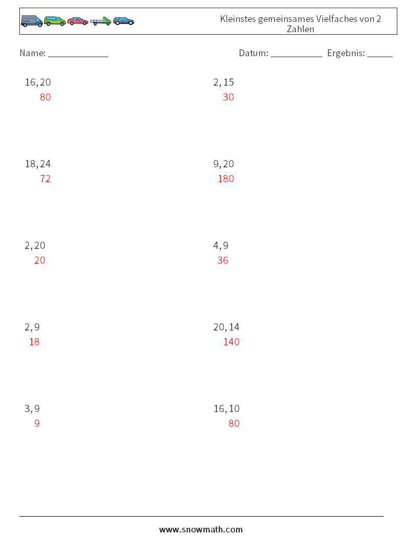 Kleinstes gemeinsames Vielfaches von 2 Zahlen Mathe-Arbeitsblätter 2 Frage, Antwort