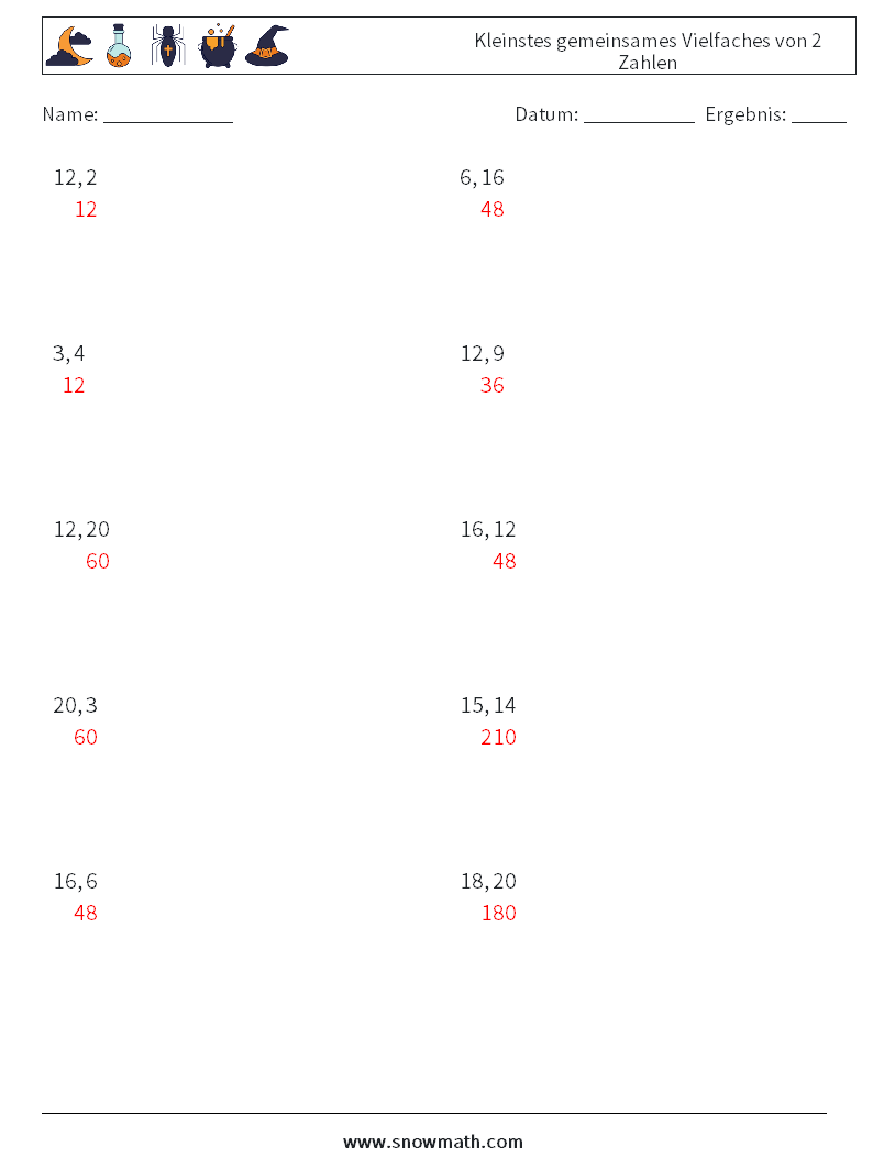 Kleinstes gemeinsames Vielfaches von 2 Zahlen Mathe-Arbeitsblätter 3 Frage, Antwort