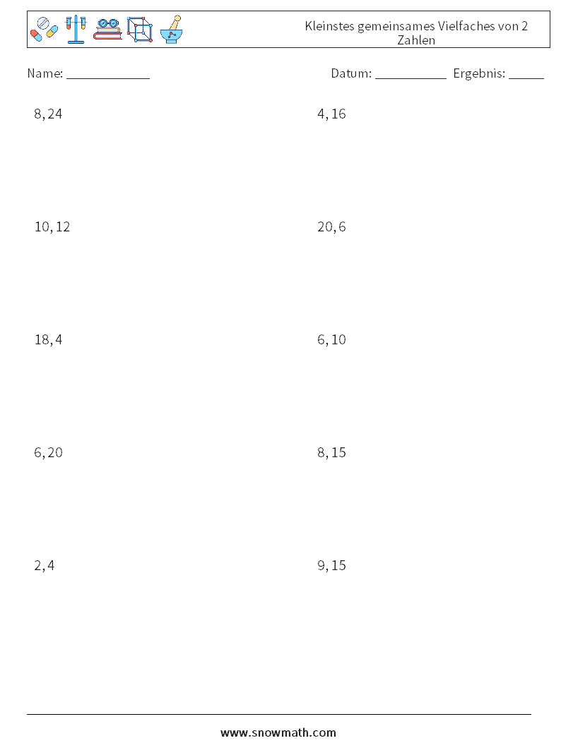 Kleinstes gemeinsames Vielfaches von 2 Zahlen Mathe-Arbeitsblätter 4