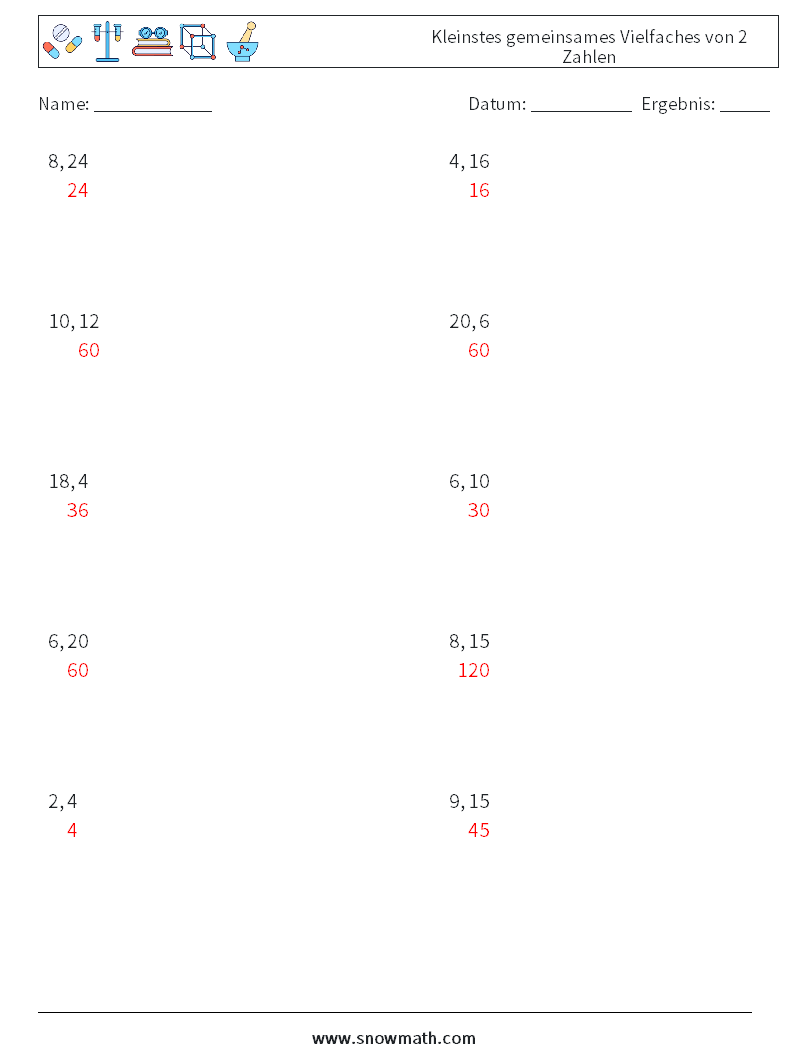 Kleinstes gemeinsames Vielfaches von 2 Zahlen Mathe-Arbeitsblätter 4 Frage, Antwort