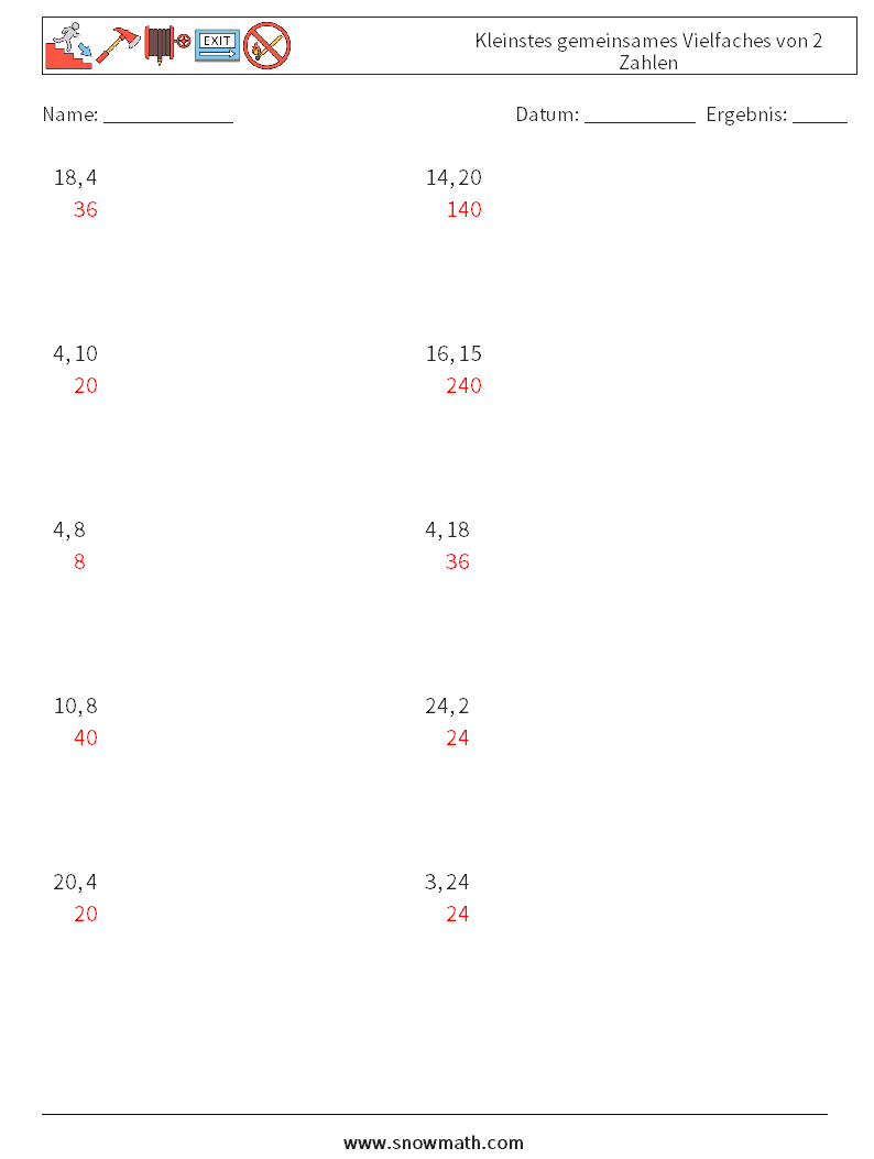 Kleinstes gemeinsames Vielfaches von 2 Zahlen Mathe-Arbeitsblätter 5 Frage, Antwort
