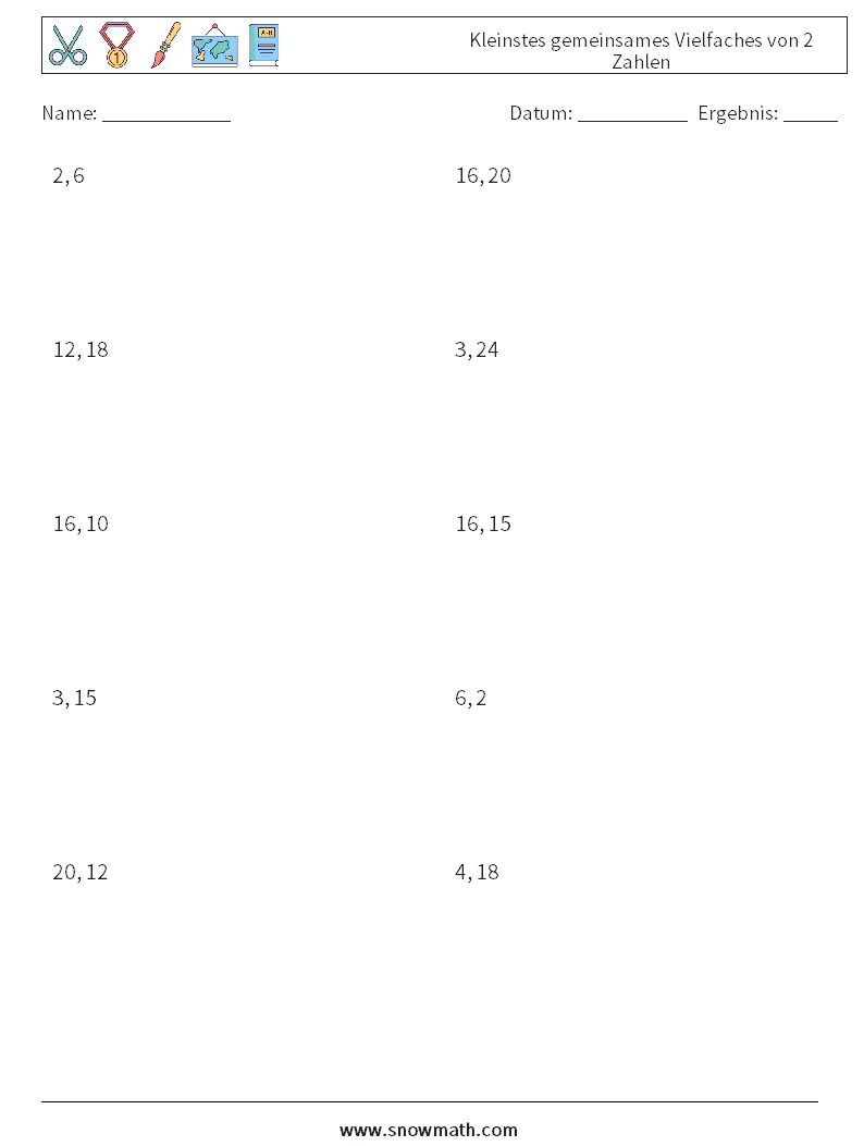 Kleinstes gemeinsames Vielfaches von 2 Zahlen Mathe-Arbeitsblätter 6
