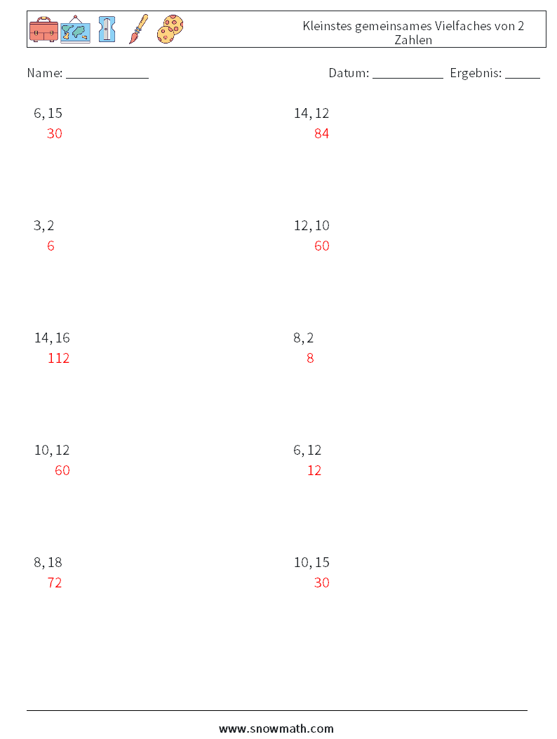 Kleinstes gemeinsames Vielfaches von 2 Zahlen Mathe-Arbeitsblätter 7 Frage, Antwort