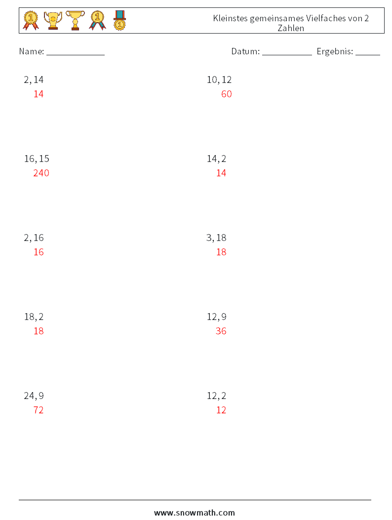 Kleinstes gemeinsames Vielfaches von 2 Zahlen Mathe-Arbeitsblätter 8 Frage, Antwort