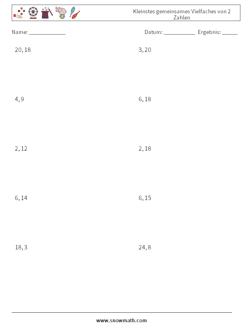 Kleinstes gemeinsames Vielfaches von 2 Zahlen Mathe-Arbeitsblätter 9