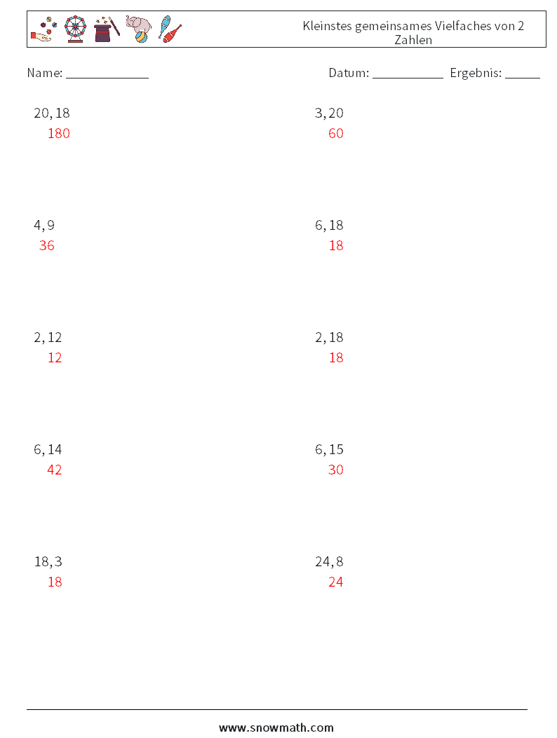 Kleinstes gemeinsames Vielfaches von 2 Zahlen Mathe-Arbeitsblätter 9 Frage, Antwort