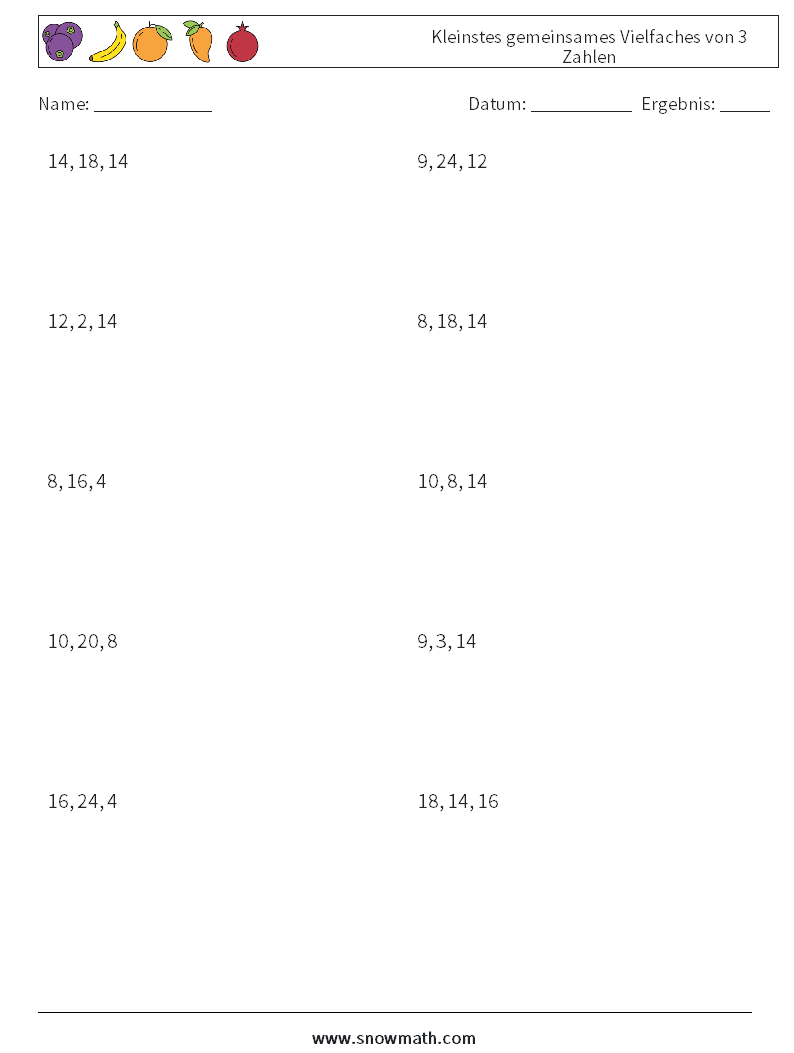 Kleinstes gemeinsames Vielfaches von 3 Zahlen Mathe-Arbeitsblätter 1