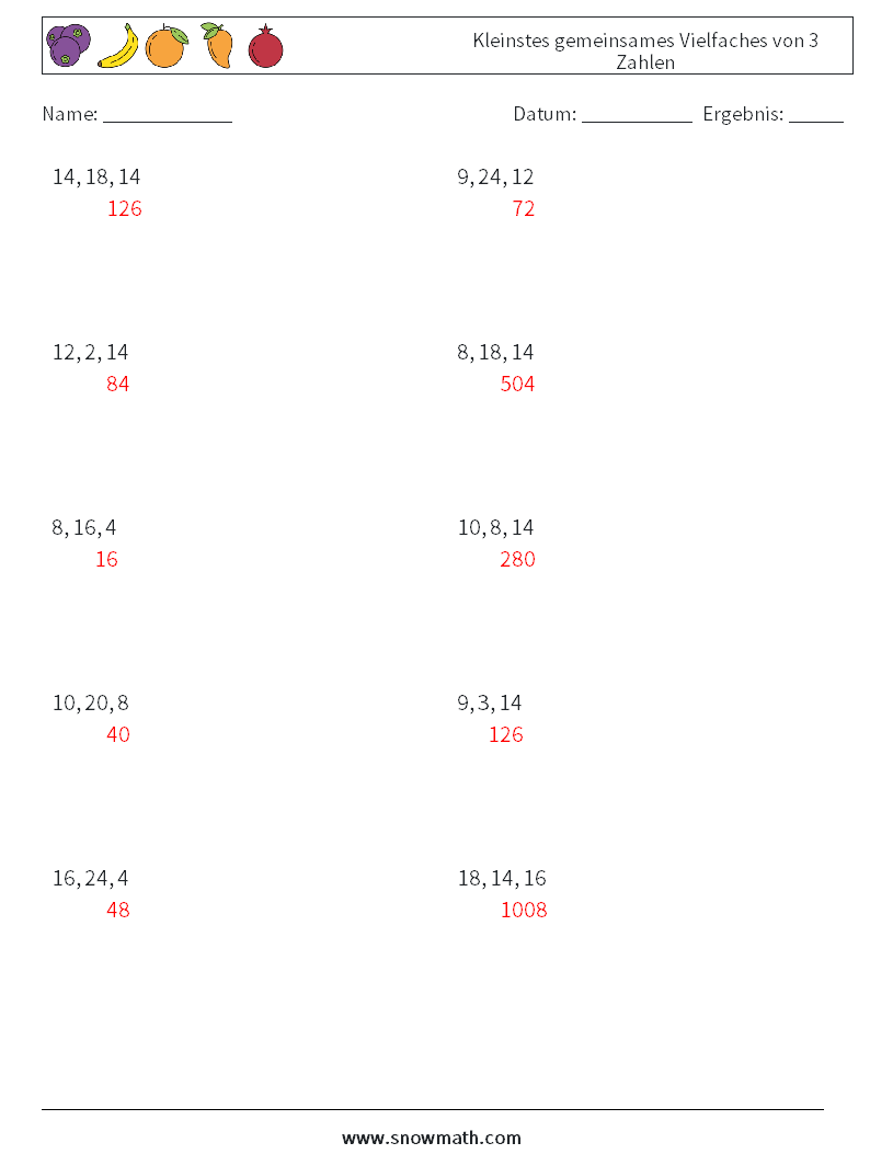 Kleinstes gemeinsames Vielfaches von 3 Zahlen Mathe-Arbeitsblätter 1 Frage, Antwort