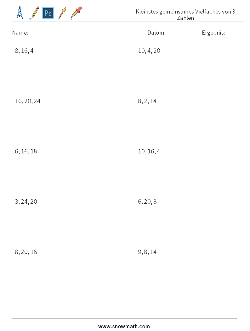 Kleinstes gemeinsames Vielfaches von 3 Zahlen Mathe-Arbeitsblätter 2