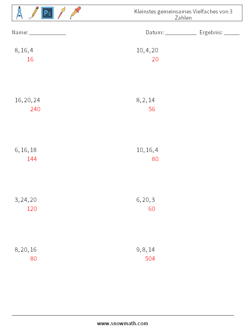 Kleinstes gemeinsames Vielfaches von 3 Zahlen Mathe-Arbeitsblätter 2 Frage, Antwort