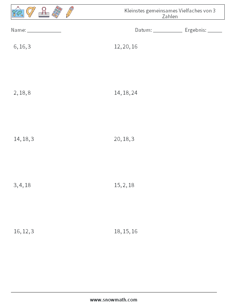 Kleinstes gemeinsames Vielfaches von 3 Zahlen Mathe-Arbeitsblätter 3