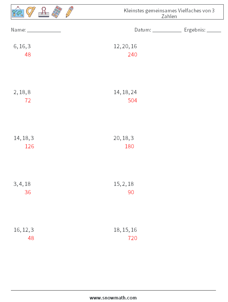 Kleinstes gemeinsames Vielfaches von 3 Zahlen Mathe-Arbeitsblätter 3 Frage, Antwort