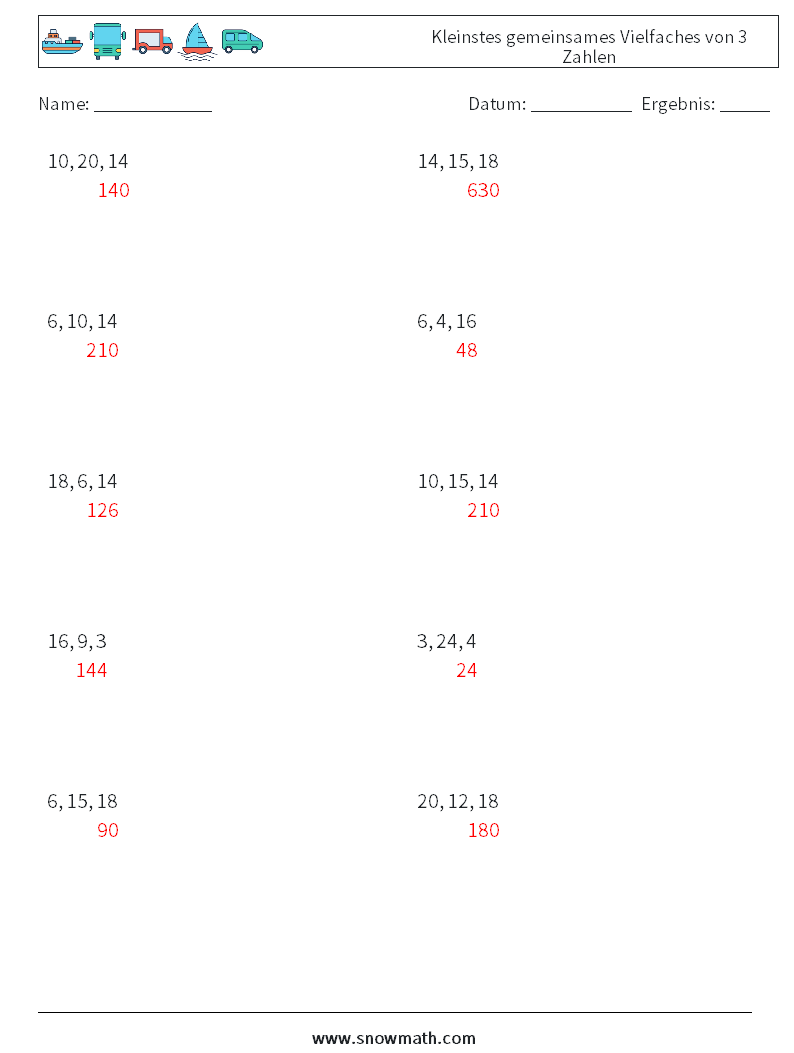 Kleinstes gemeinsames Vielfaches von 3 Zahlen Mathe-Arbeitsblätter 4 Frage, Antwort