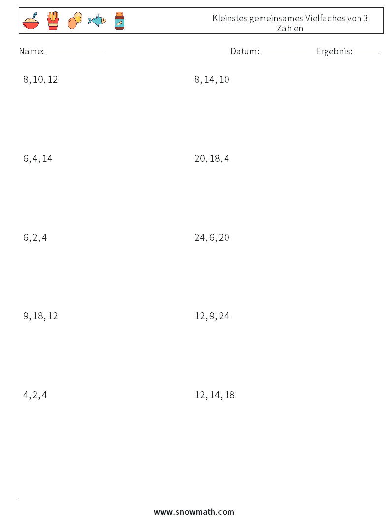 Kleinstes gemeinsames Vielfaches von 3 Zahlen Mathe-Arbeitsblätter 5