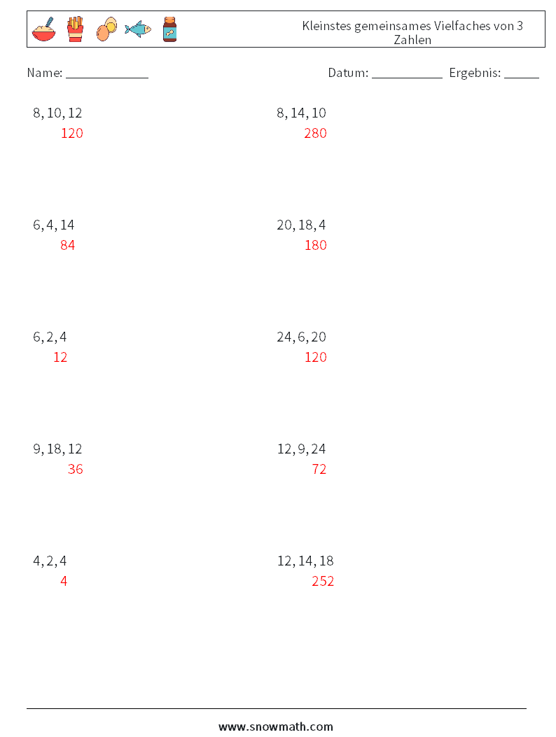 Kleinstes gemeinsames Vielfaches von 3 Zahlen Mathe-Arbeitsblätter 5 Frage, Antwort