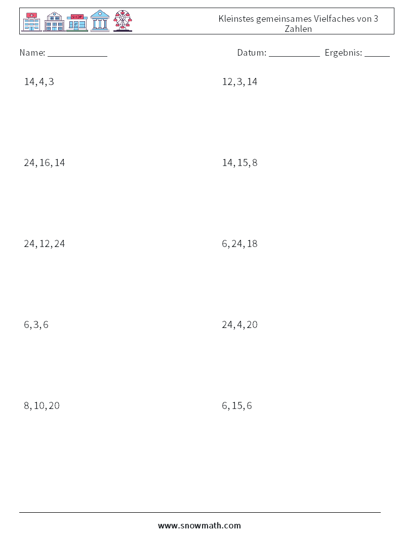 Kleinstes gemeinsames Vielfaches von 3 Zahlen Mathe-Arbeitsblätter 6