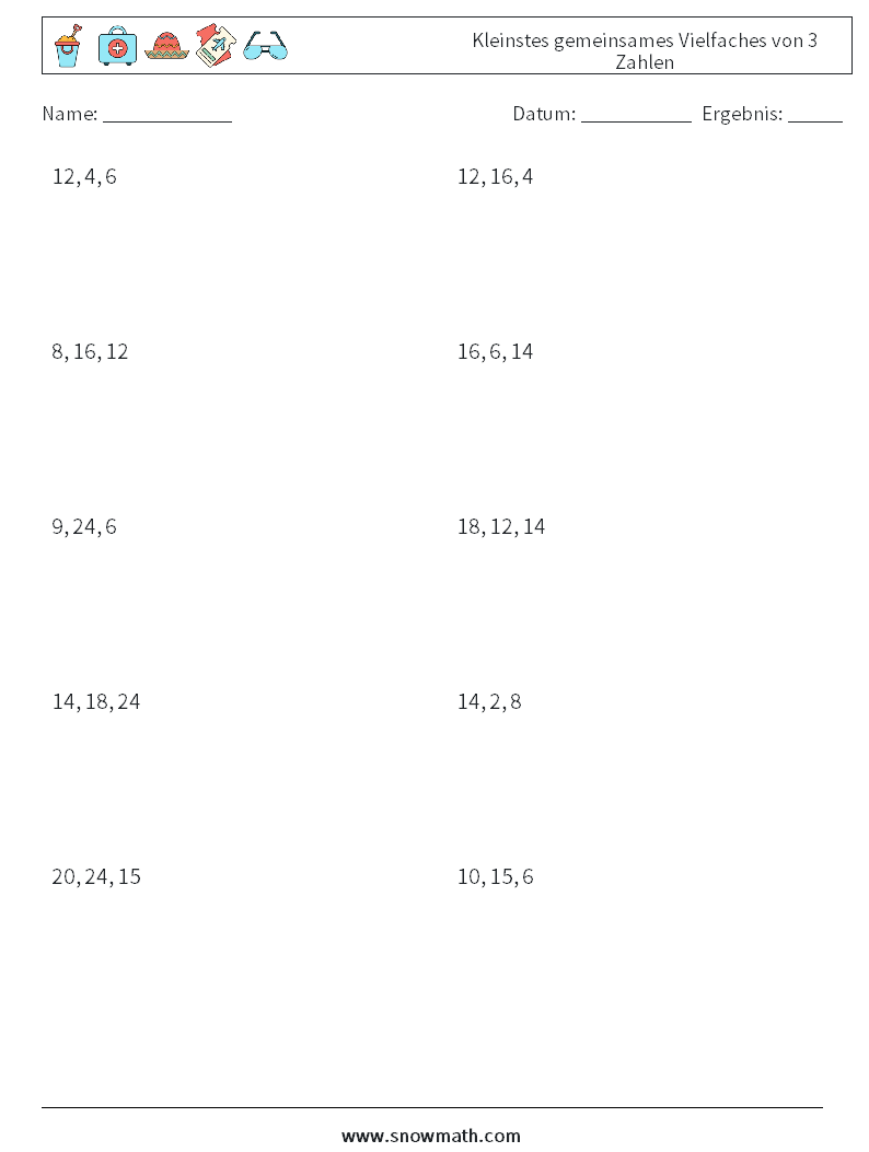 Kleinstes gemeinsames Vielfaches von 3 Zahlen Mathe-Arbeitsblätter 7