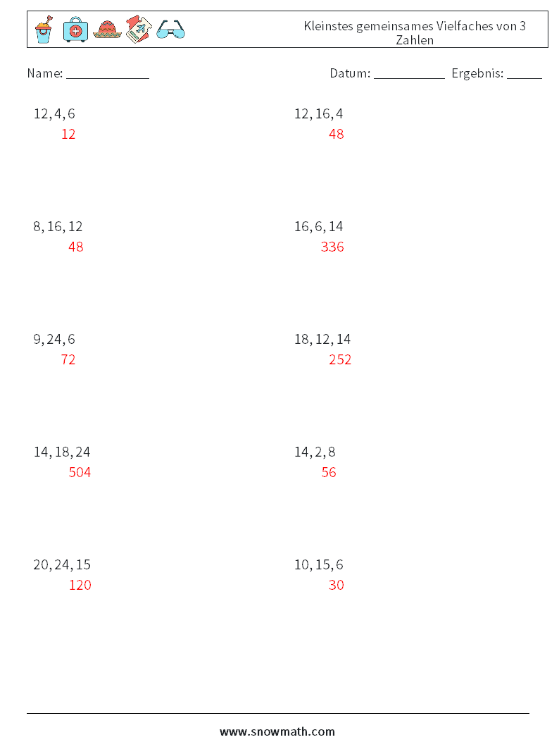 Kleinstes gemeinsames Vielfaches von 3 Zahlen Mathe-Arbeitsblätter 7 Frage, Antwort