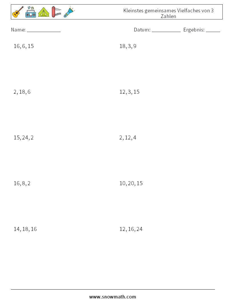Kleinstes gemeinsames Vielfaches von 3 Zahlen Mathe-Arbeitsblätter 8