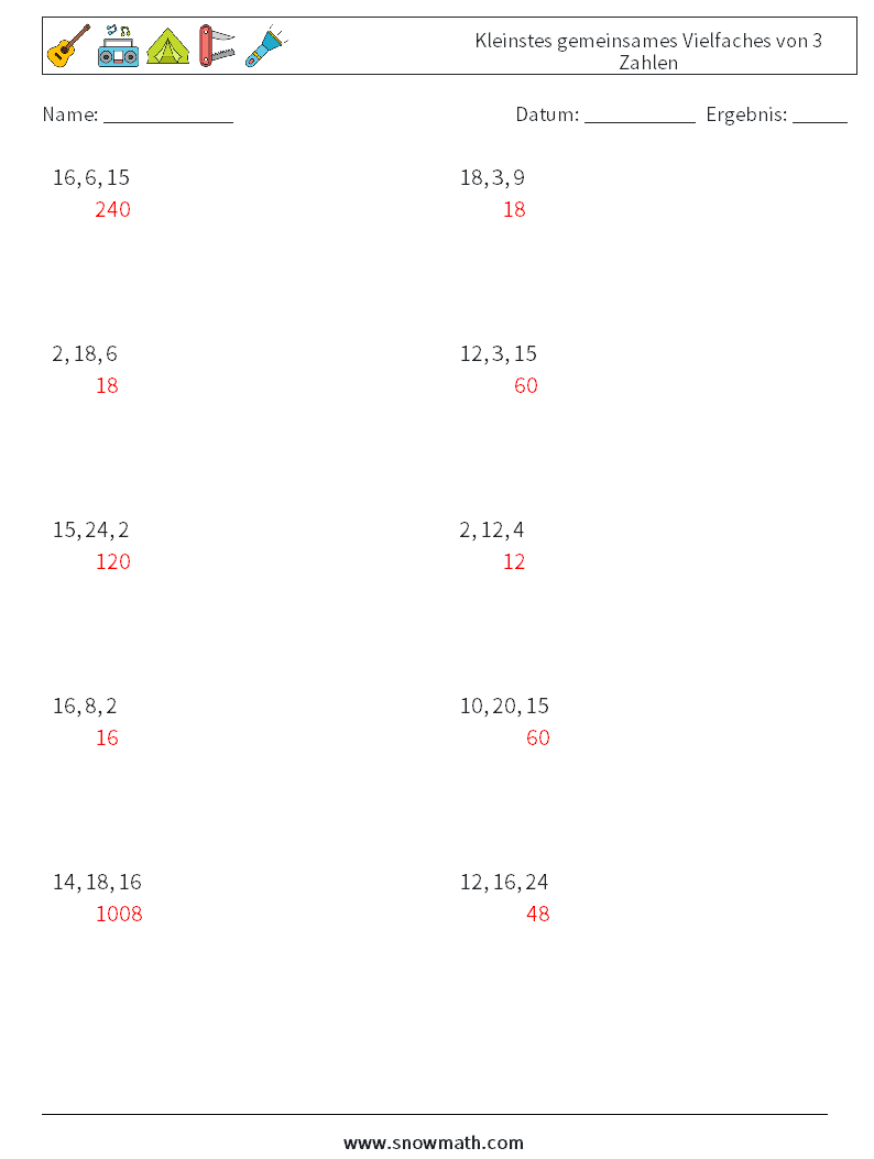 Kleinstes gemeinsames Vielfaches von 3 Zahlen Mathe-Arbeitsblätter 8 Frage, Antwort