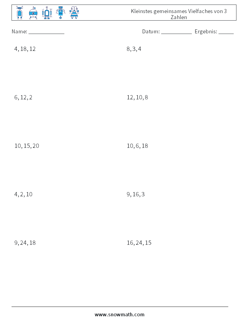 Kleinstes gemeinsames Vielfaches von 3 Zahlen Mathe-Arbeitsblätter 9