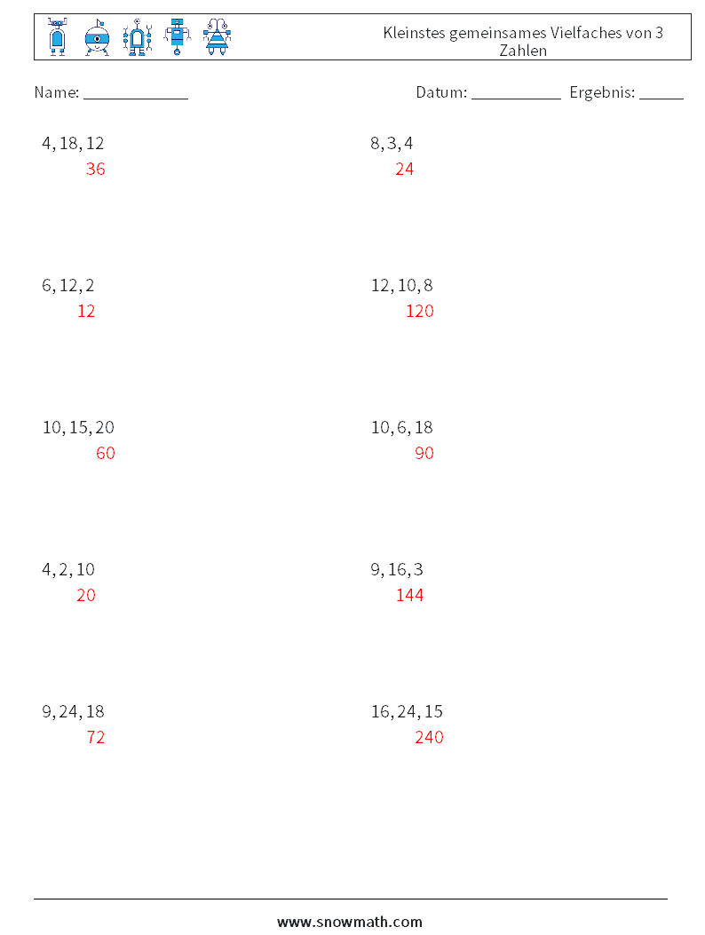 Kleinstes gemeinsames Vielfaches von 3 Zahlen Mathe-Arbeitsblätter 9 Frage, Antwort