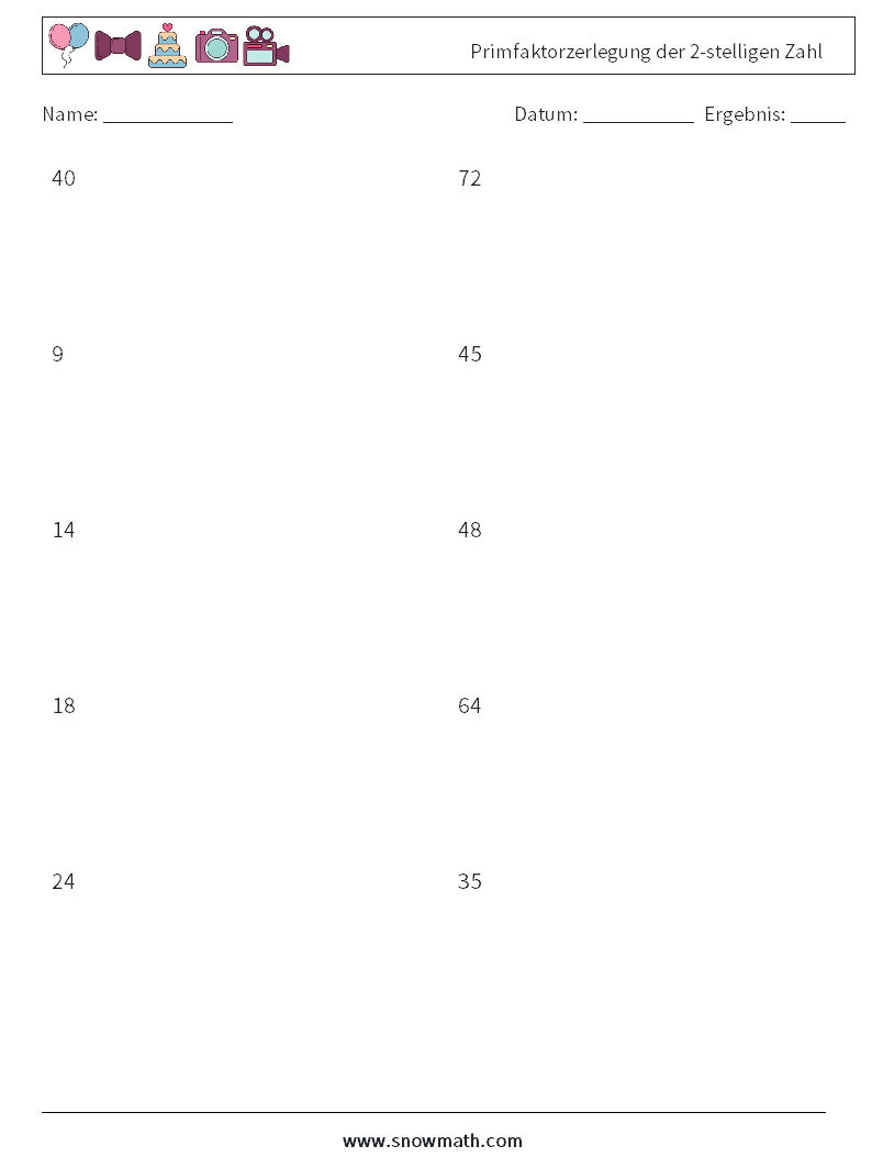 Primfaktorzerlegung der 2-stelligen Zahl Mathe-Arbeitsblätter 1