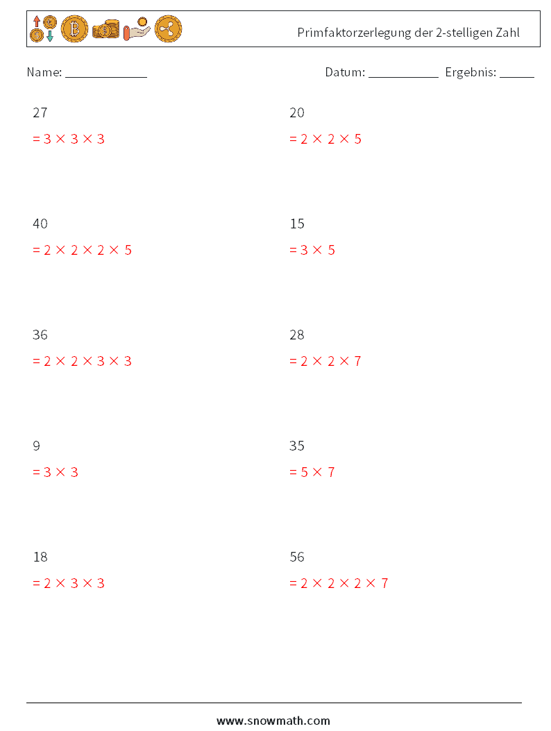 Primfaktorzerlegung der 2-stelligen Zahl Mathe-Arbeitsblätter 4 Frage, Antwort