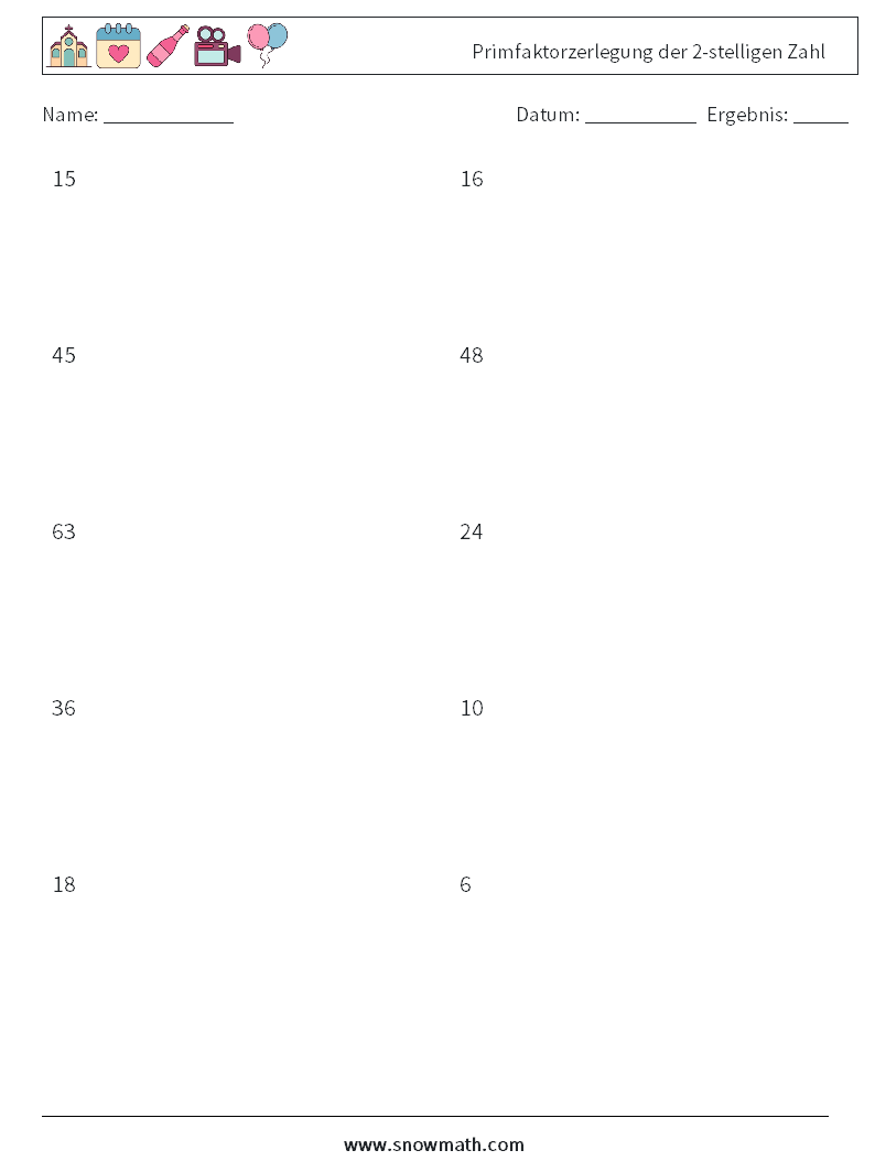 Primfaktorzerlegung der 2-stelligen Zahl Mathe-Arbeitsblätter 9