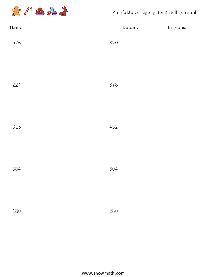 Primfaktorzerlegung der 3-stelligen Zahl Mathe-Arbeitsblätter 1