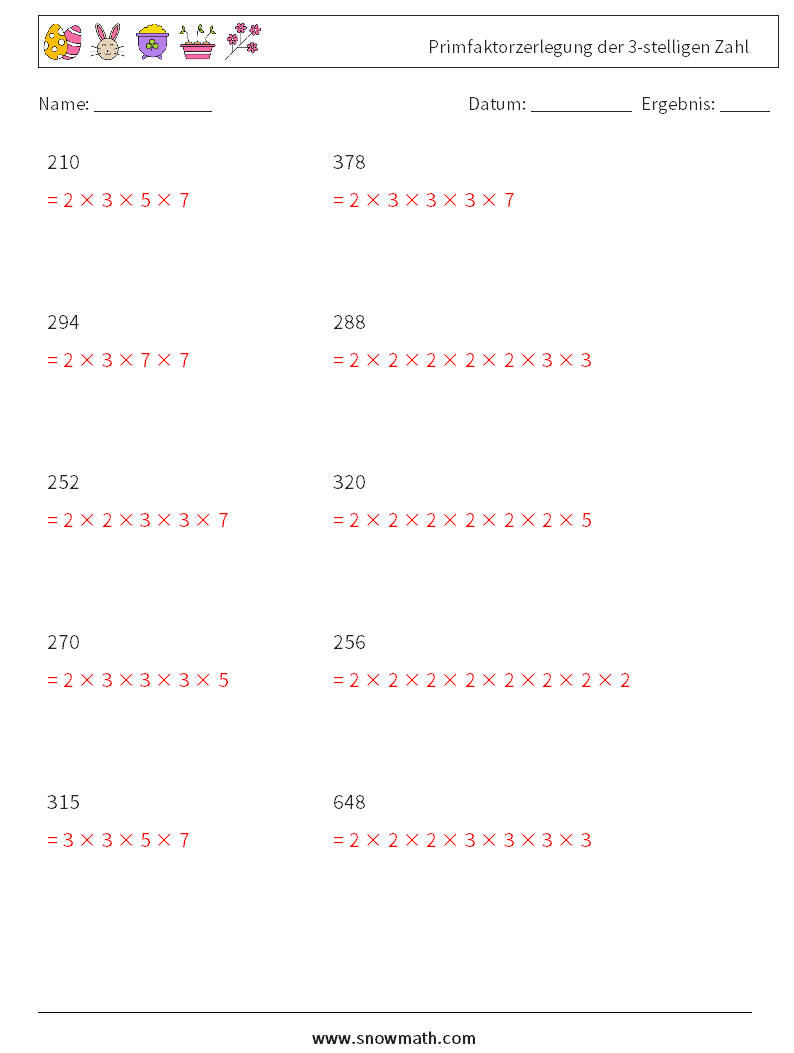 Primfaktorzerlegung der 3-stelligen Zahl Mathe-Arbeitsblätter 2 Frage, Antwort