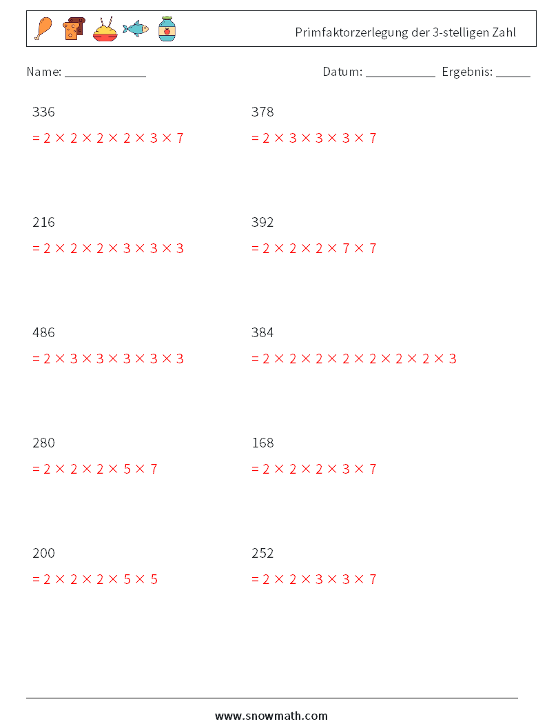 Primfaktorzerlegung der 3-stelligen Zahl Mathe-Arbeitsblätter 4 Frage, Antwort