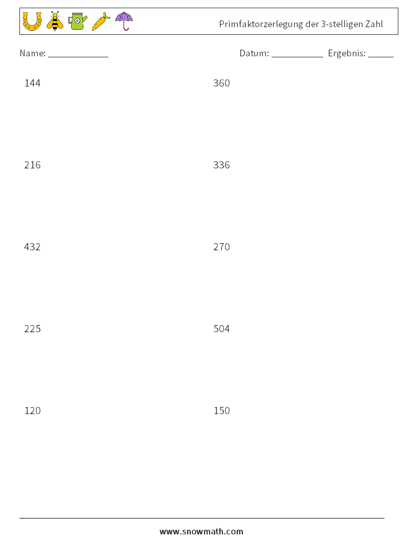 Primfaktorzerlegung der 3-stelligen Zahl Mathe-Arbeitsblätter 5