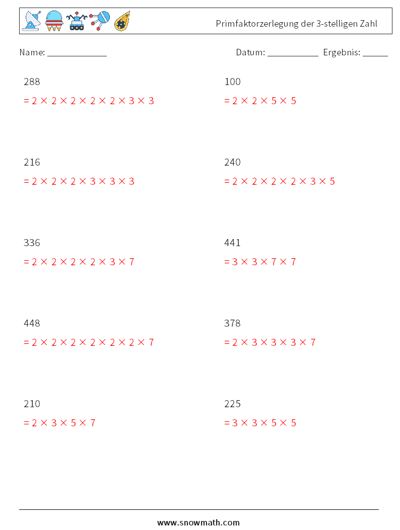 Primfaktorzerlegung der 3-stelligen Zahl Mathe-Arbeitsblätter 6 Frage, Antwort