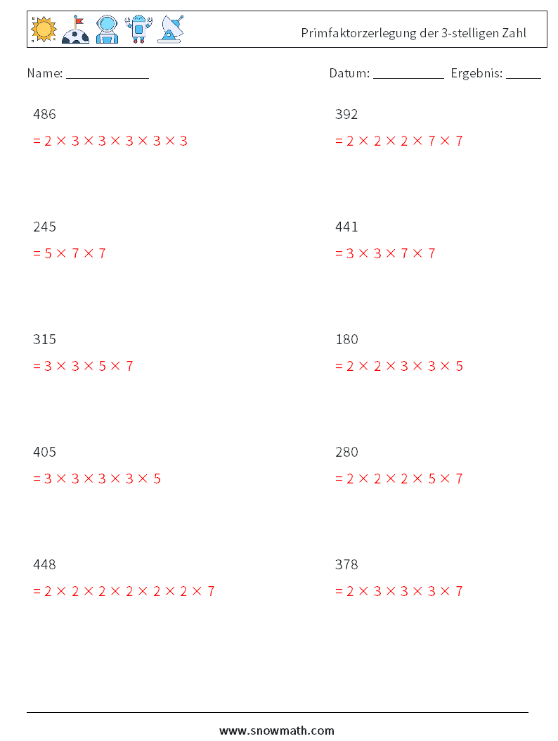 Primfaktorzerlegung der 3-stelligen Zahl Mathe-Arbeitsblätter 7 Frage, Antwort