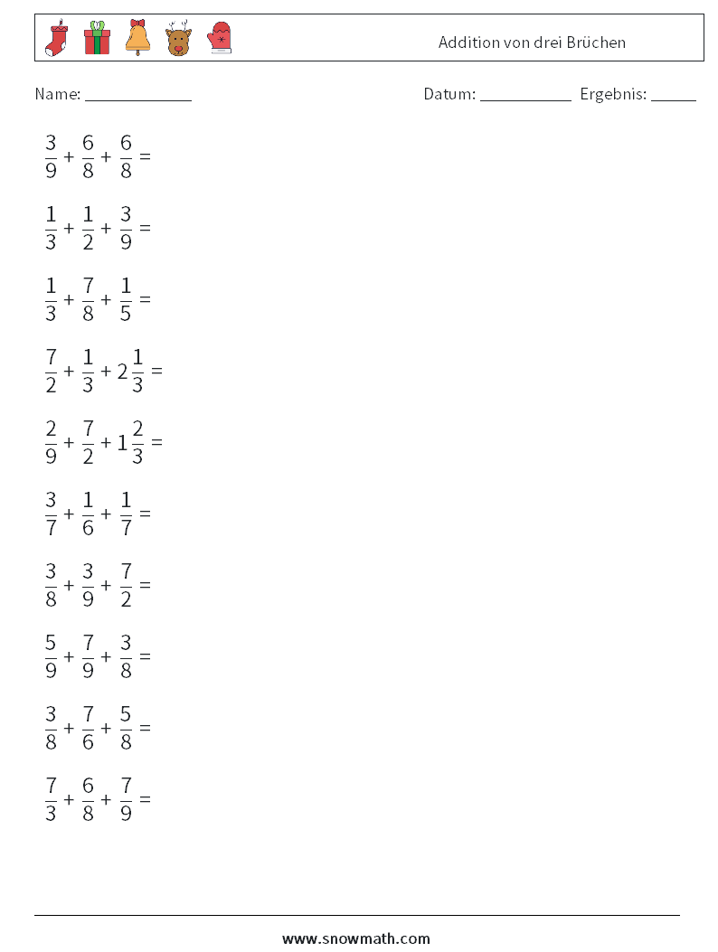 (10) Addition von drei Brüchen Mathe-Arbeitsblätter 1