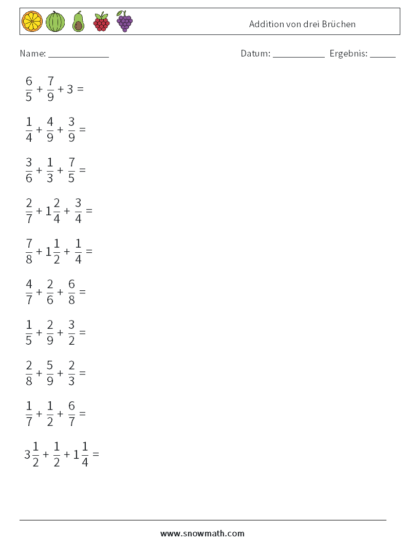 (10) Addition von drei Brüchen Mathe-Arbeitsblätter 10