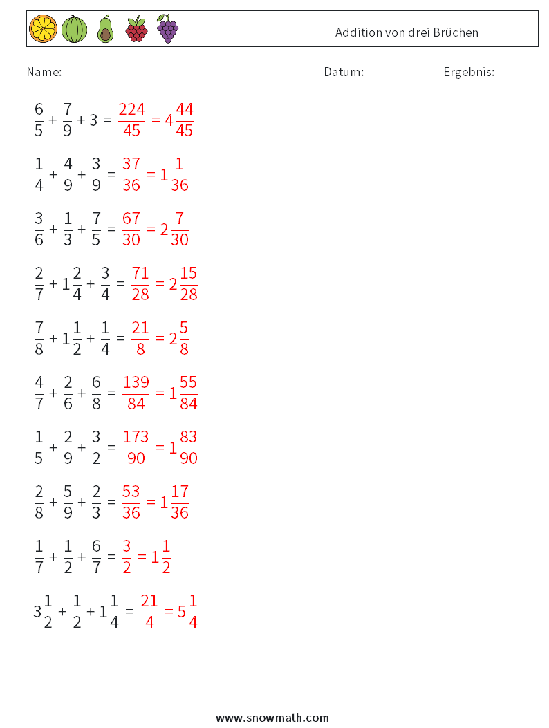 (10) Addition von drei Brüchen Mathe-Arbeitsblätter 10 Frage, Antwort