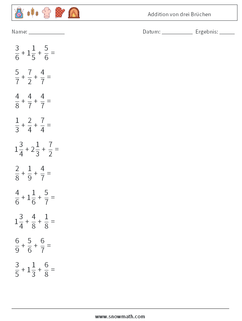 (10) Addition von drei Brüchen Mathe-Arbeitsblätter 11