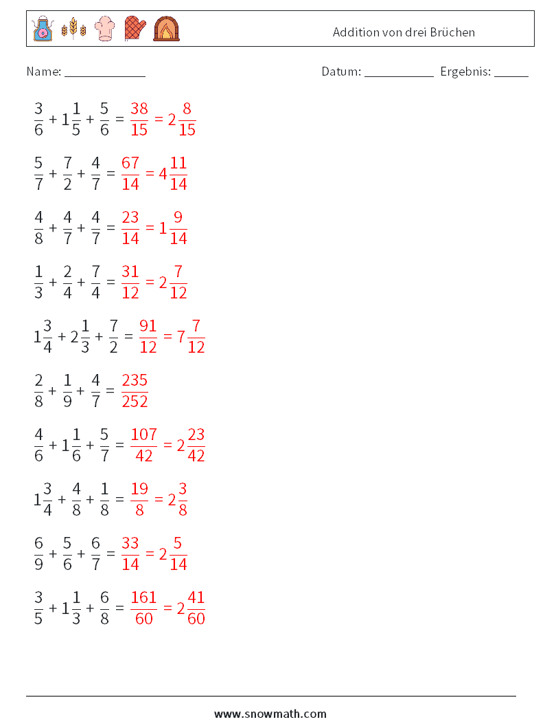 (10) Addition von drei Brüchen Mathe-Arbeitsblätter 11 Frage, Antwort