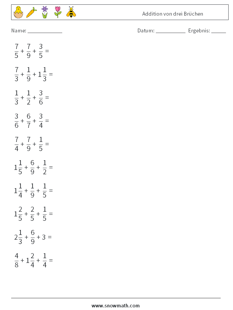 (10) Addition von drei Brüchen Mathe-Arbeitsblätter 12